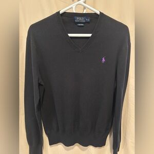 Ralph Lauren Men's V-Neck Sweater in Black with Purple Logo